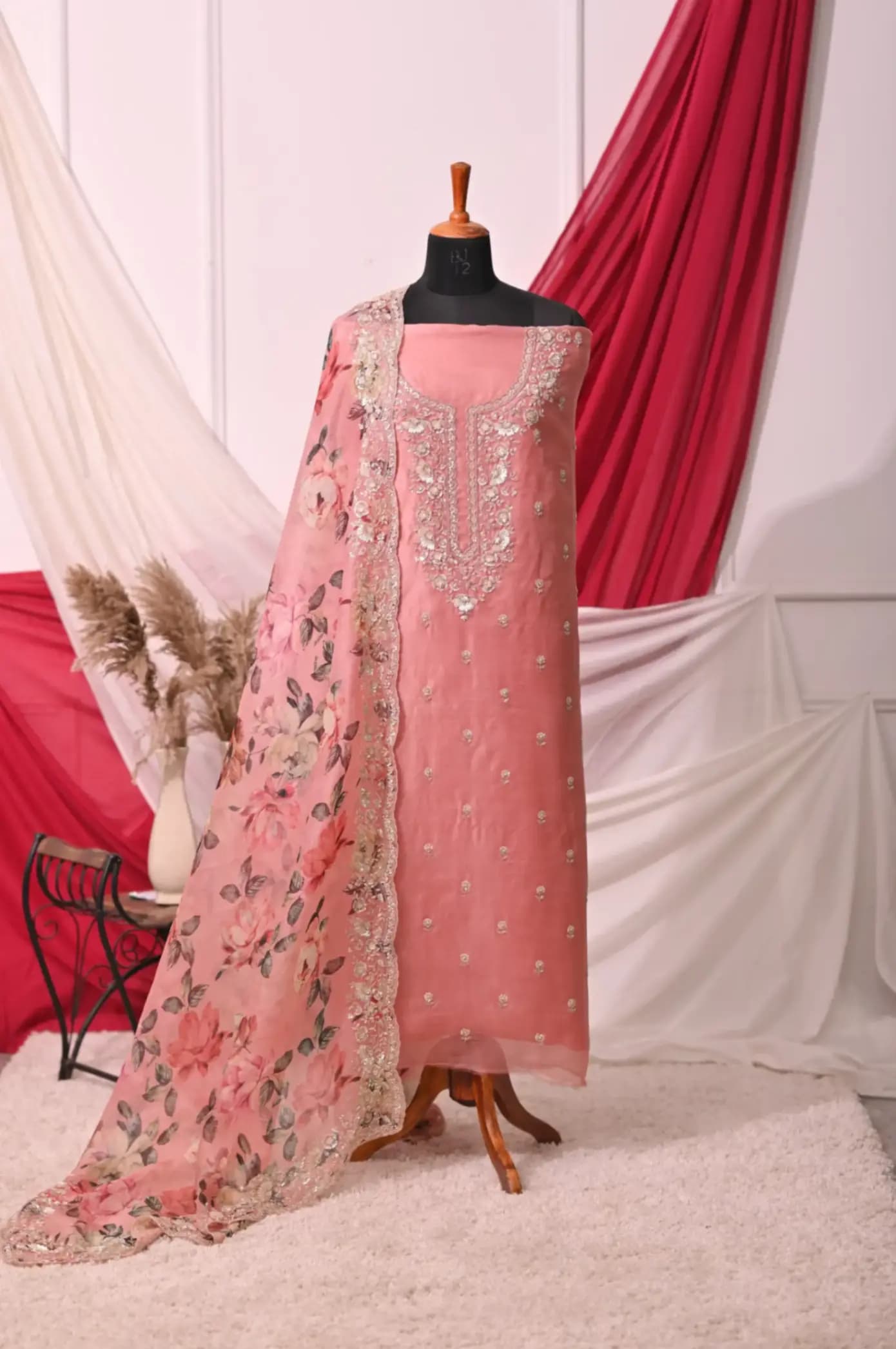 Rose Gold Hand-Embroidered Pure Organza 3-Piece Set